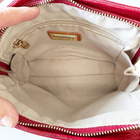 Valentina Zip Around Crossbody Handbag Red Pebbled Leather 2 Straps Italy Nice! - Picture 9 of 14